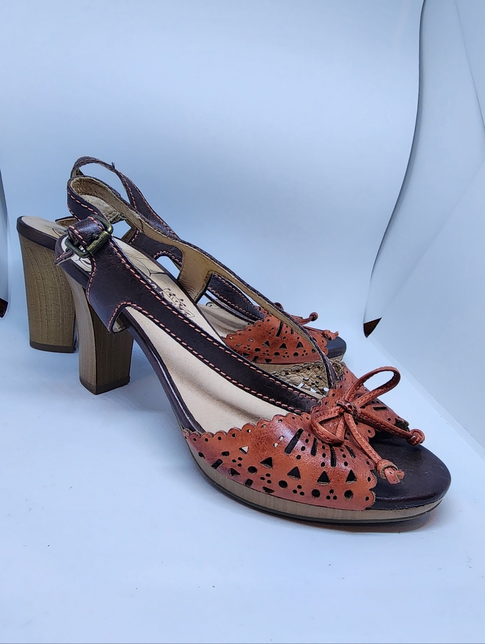 PIKOLINOS Brown & Rust 2-Tone Slingback Block Heels Sandals Size 37